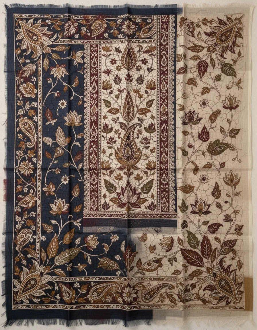 Authentic handcrafted batik textile designed for an elegant saree or kameez. Traditional wax-resist dyeing with intricate hand-drawn floral vines, lotus flowers, leaves, paisley, and ornamental botanical motifs. Delicate wax crackle texture, layered natural dyes, soft bleeding edges, and handcrafted imperfections throughout. A richly decorated border, graceful pallu or central panel, and lighter repeating body motifs that complement the overall composition. Balanced traditional craftsmanship with refined elegance. Earthy indigo, maroon, brown, mustard, cream, olive green, and muted rust color palette. Authentic artisan batik appearance with visible textile texture