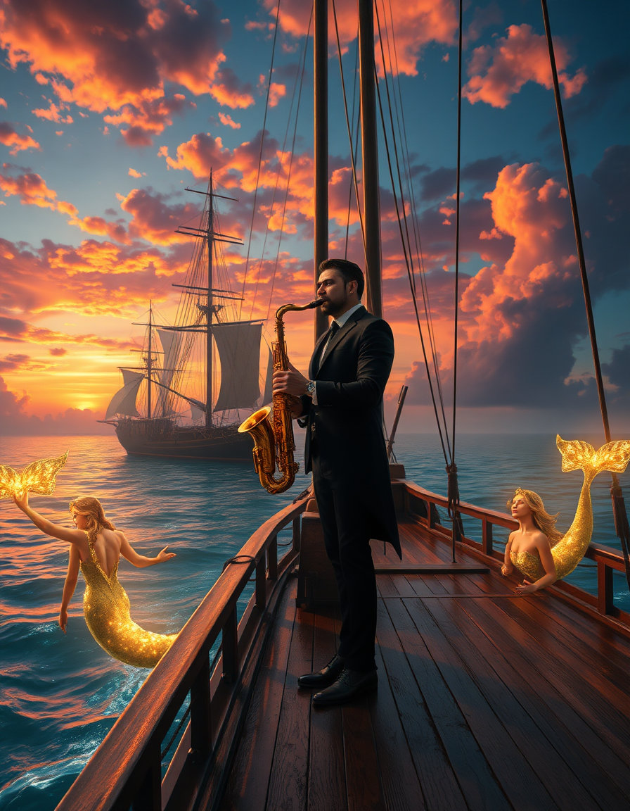 Prompt AI: A cinematic fantasy masterpiece. A handsome, elegant man stands on the wooden deck of a majestic vintage ship, passionately playing a glowing golden saxophone. Behind him, a breathtaking, vibrant sunset with deep orange, pink, and gold clouds reflecting on the water. In the magical glowing ocean below, beautiful, enchanting sirens with sparkling tails are swimming and dancing, looking up at the ship, mesmerized by the music. The sea is alive, with gentle waves shaping into mystical glowing patterns. Magical, ethereal ambiance, ultra-detailed, 4k resolution, fantasy art style.