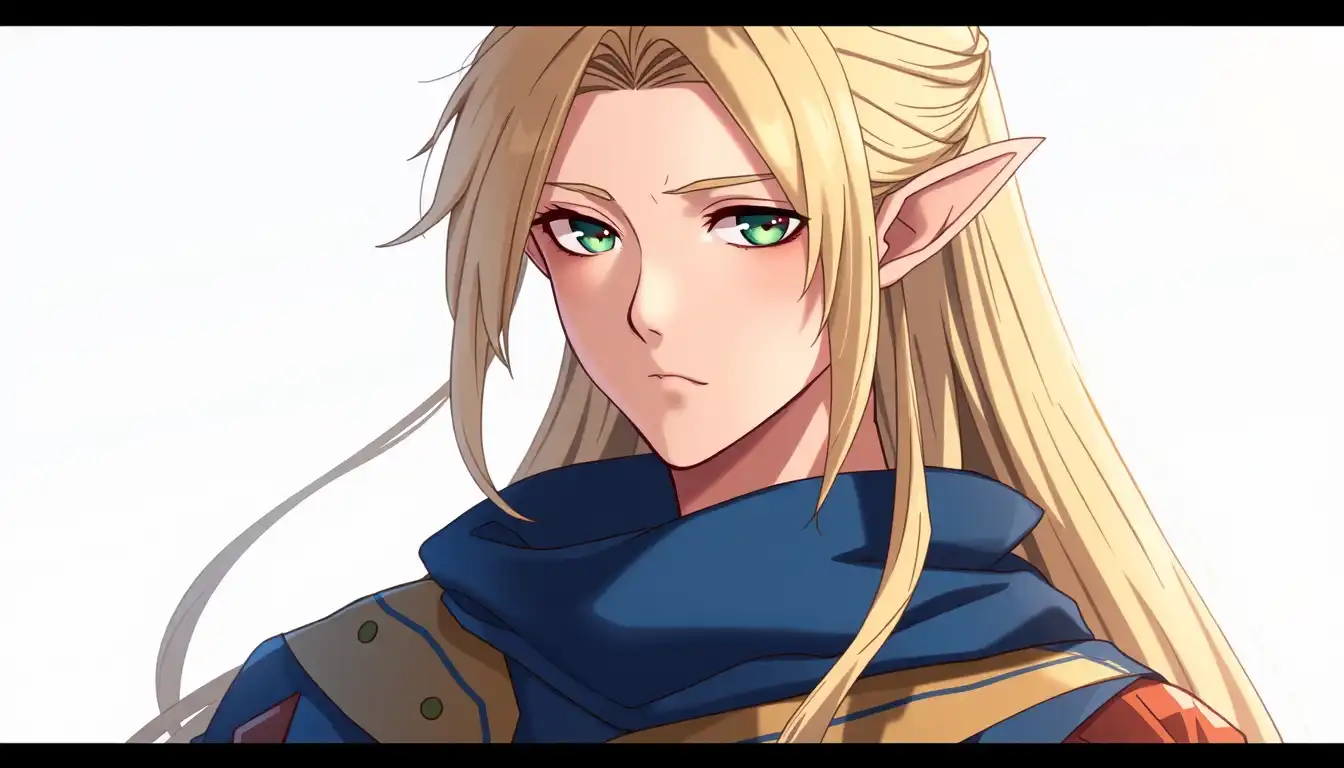 A male anime character with long blond hair, side-swept bangs, pointy ears (elf), green eyes, and a melancholic expression.
Clothing: Blue and gold robe with brown accents.
Style: Anime, high-quality digital art.
Lighting: Soft, natural light.
Composition: Medium shot, portrait.

a character portrait, {prompt}, an anime drawing, {prompt}, inspired by Akihiko Yoshida, pixiv, sots art, grimgar, jrpg character, final fantasy tactics character, male elf, a male elf, elven male