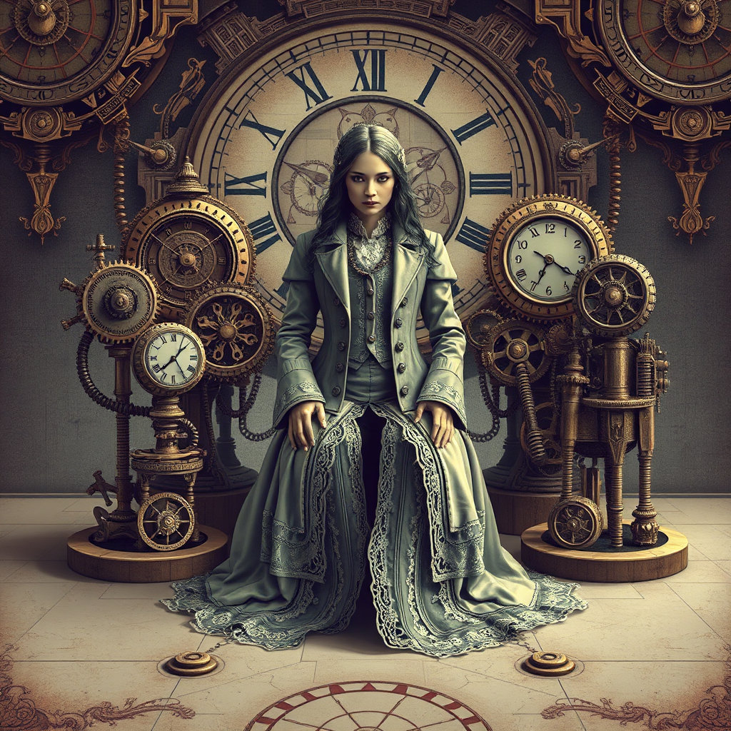 an illustration in the style of a victorian steampunk setting, where five central components and their surroundings are asymmetrical.
a victorian-inspired mystic figure sits in the center, surrounded by four clockwork automatons of varying sizes.
the entire scene is set against a polarized specular suppression background, showcasing the intricate, organic patterns of worn machinery.
the figure wears a long, intricate coat with brass buttons and delicate lace details.
the dominant, unnatural color palette is an exaggerated pastel hue with an unsettling contrast that creates a dreamlike atmosphere.
the style is reminiscent of high-quality scientific imaging and has a realistic, yet surreal quality.