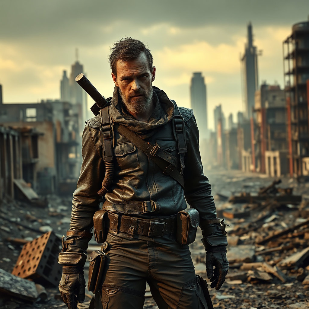 Post-apocalyptic survivor, rugged leather outfit, dystopian city ruins, gritty texture, dramatic shadows, survival gear, --ar 16:9 --q 2 --s 180