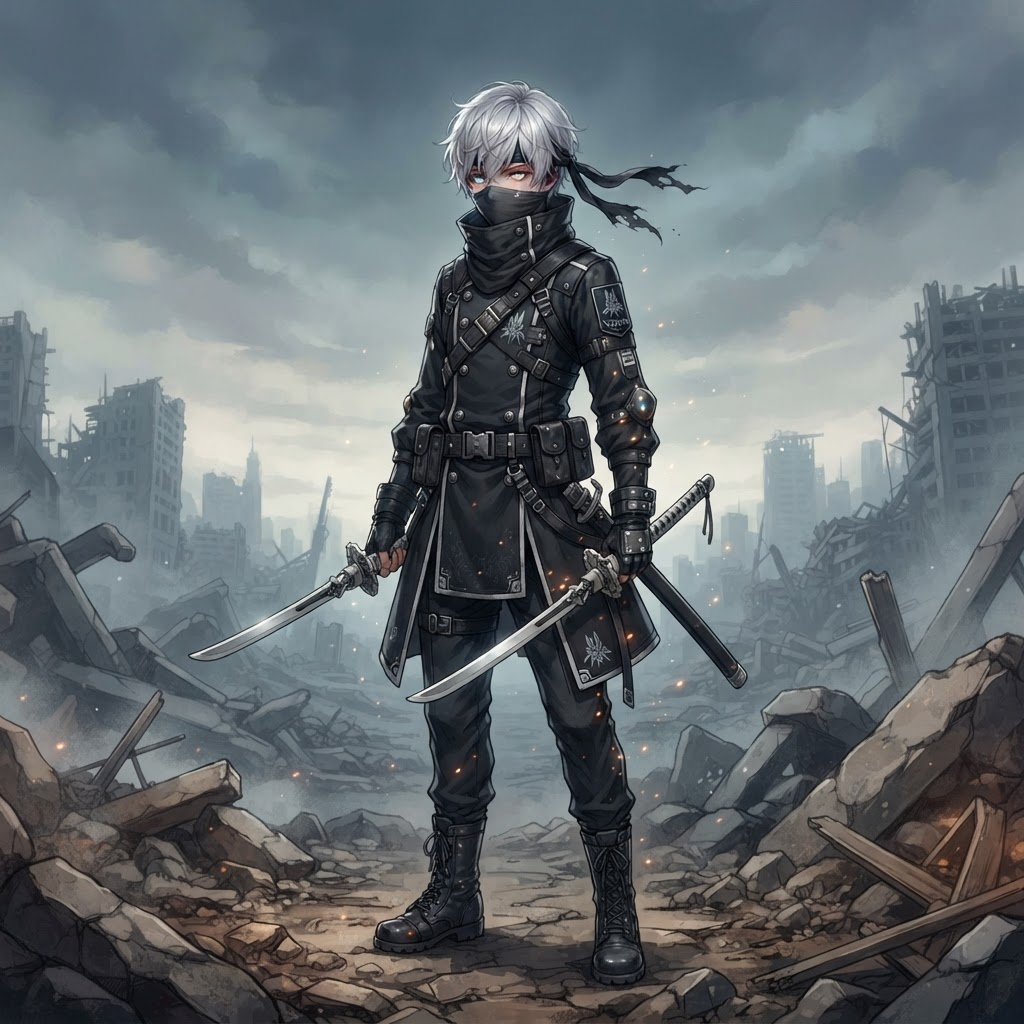 Original NieR Automata style android OC boy, YoRHa military uniform, mask, dual swords, wasteland