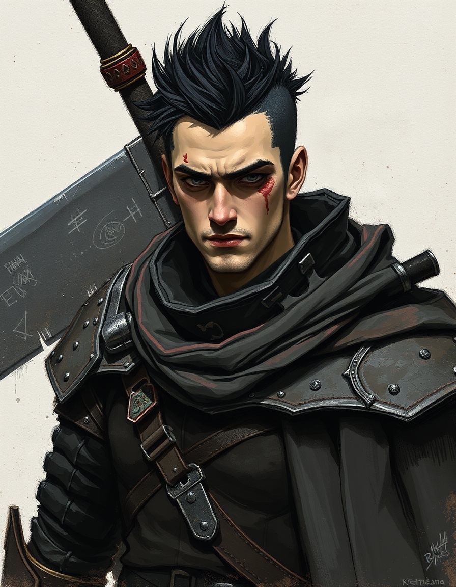 A character portrait in gouache painting style, textured paper, rough brushstrokes, desaturated palette. Male warrior in dark fantasy setting. Gigantic iron sword on his back. Short black spiky hair, handsome but scarred face with a weary gaze, missing one eye. Worn dark leather and metal armor, heavy cloak. Post-apocalyptic mood, standing alone. Inspired by Guts from Berserk. Art by Kentaro Miura.