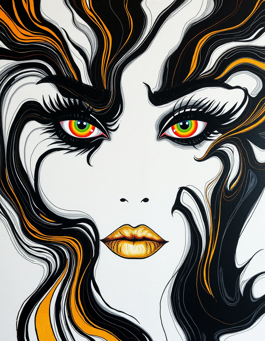 a minimalist unpainted face on a white canvas, kinetic abstraction style with bold, rhythmic lines and shifting forms, colors vibrating and pulsing across the surface, swirling black‑ink strokes that flow like liquid wax, fluid edges and dynamic outlines that suggest motion, glowing rainbow eyes rendered as luminous streaks, glossy highlights and sagging fissures that ripple downward, an analogous neon‑gold‑black palette emphasizing kinetic energy and perpetual movement.