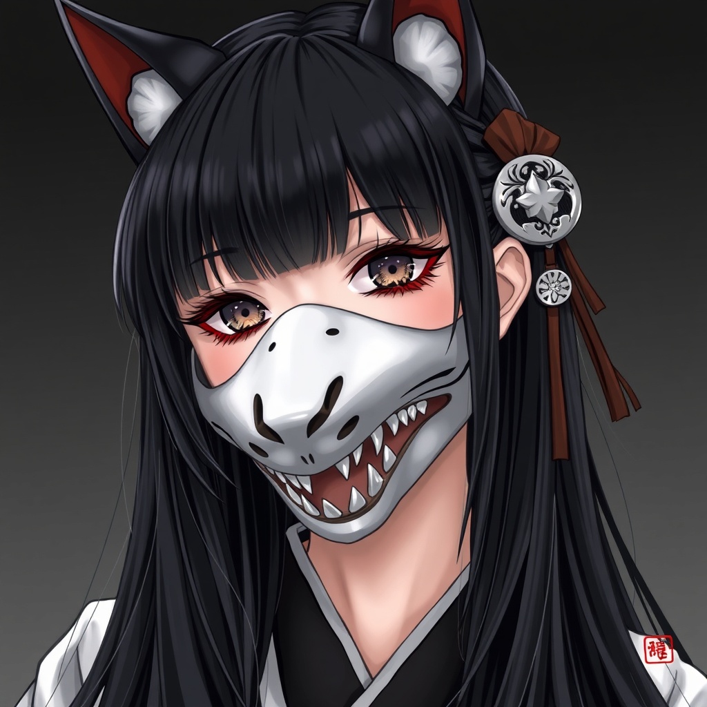 Female, realistic art, Japanese yokai, long black hair, kitsune mask