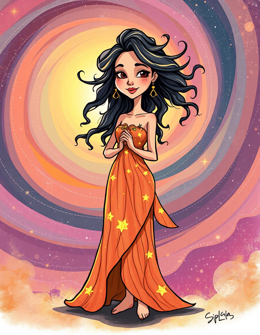 a cosmic figure draped in a nature‑woven dress of stardust and galaxy‑born flowers stands amid swirling layers of translucent, nebular dust, each hue blending into a vortex of light. rendered in bold caricature style, the subject’s most distinctive features—glowing, star‑kissed skin and flowing hair like a river of cosmic silk—are exaggerated with clean, energetic ink outlines and minimal flat‑color fills. the dynamic pose captures their luminous vitality, while the surrounding celestial layers retain their vibrant, otherworldly palettes, rendered with simplified brushstrokes that echo the exaggerated aesthetic. the overall scene feels witty and lively, combining the original celestial backdrop with expressive, graphic caricature flair.