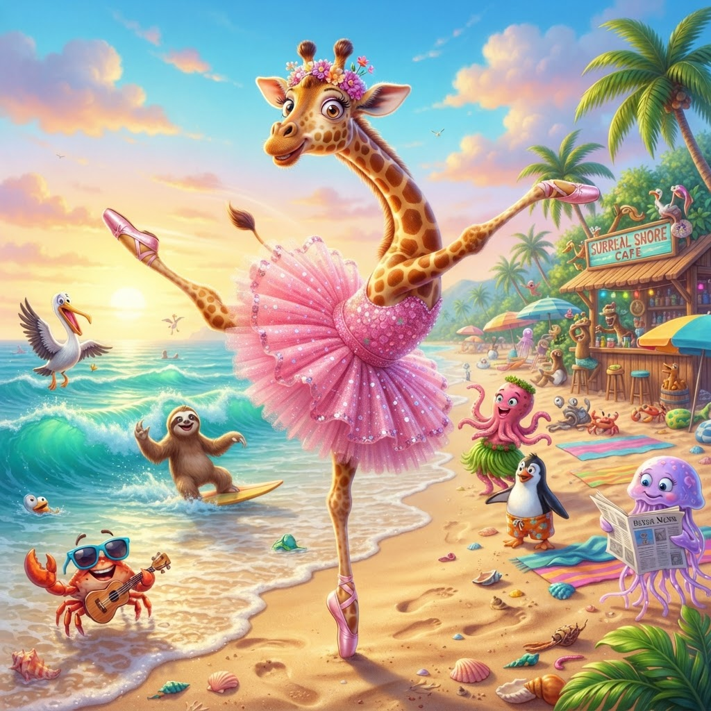 Absurd surreal meme creature: a giraffe in a pink tutu doing ballet on a tropical beach, glossy 3D cartoon render, silly and chaotic, vibrant saturated colors, crisp high detail