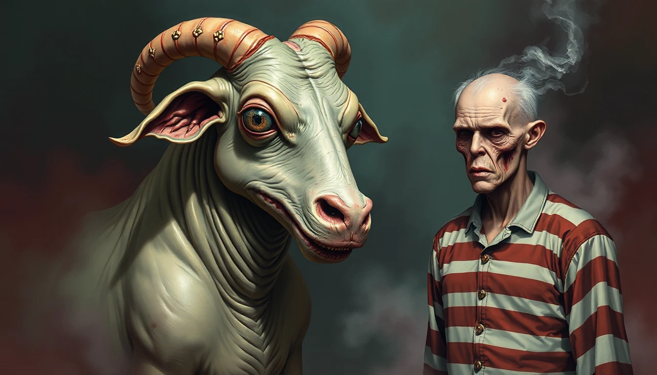 a vibrant, high-contrast painting with vintage lines and hard-cel shading, reminiscent of an 80s graphic novel, in the style of j.c. leyendecker. this is a digital oil painting with a handcraft, painterly finish, emphasizing fine brushwork, layered glazes, and natural texture, with a matte-painting sensibility for backgrounds and concept-art quality refinement for characters. the central subject is a grotesque farm animal creature, depicted in a serene, contemplative mood through enhanced smooth, detailed brushwork. soft, diffused light casts gentle shadows that emphasize its twisted, elongated body and subtle, pulsating tumors. muted earth tones, subtle greens, and soft pastels color the diseased surfaces in a dreamlike harmony. a delicate otherworldly mist swirls through the dark, gothic-inspired background. the camera, set at a 42mm focal length, captures a medium shot that feels both hyper-realistic and highly stylized, balancing precise oil-style strokes with exquisite elements of fantasy illustration and subtle texture, skillfully highlighting mystery and subtle horror. alongside this creature, a creepy person in a straightjacket is visible, featuring many eyes all over their face and no mouth, a monster.