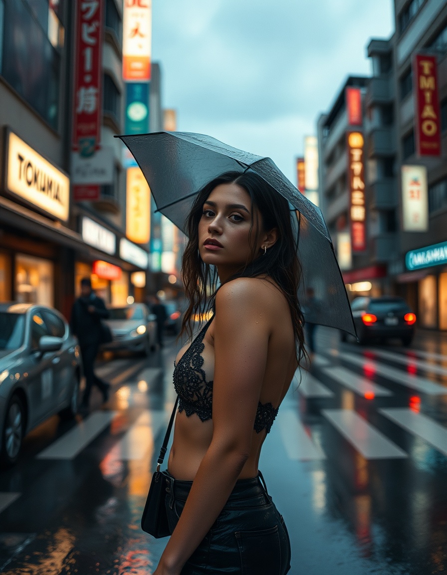 LEICA_M11.DNG: A full-body shot in a portraitethereal street portrait of a rain-soaked russian model in Tokyo at dusk."