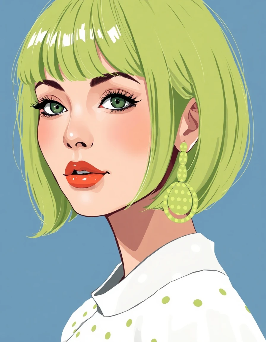A close up beautiful illustration of a woman with medium bob haircut, bangs, hair colour pistachio, wearing a white dotted pistachio dress, wearing a dotted pistachio earrings , background chambray blue.