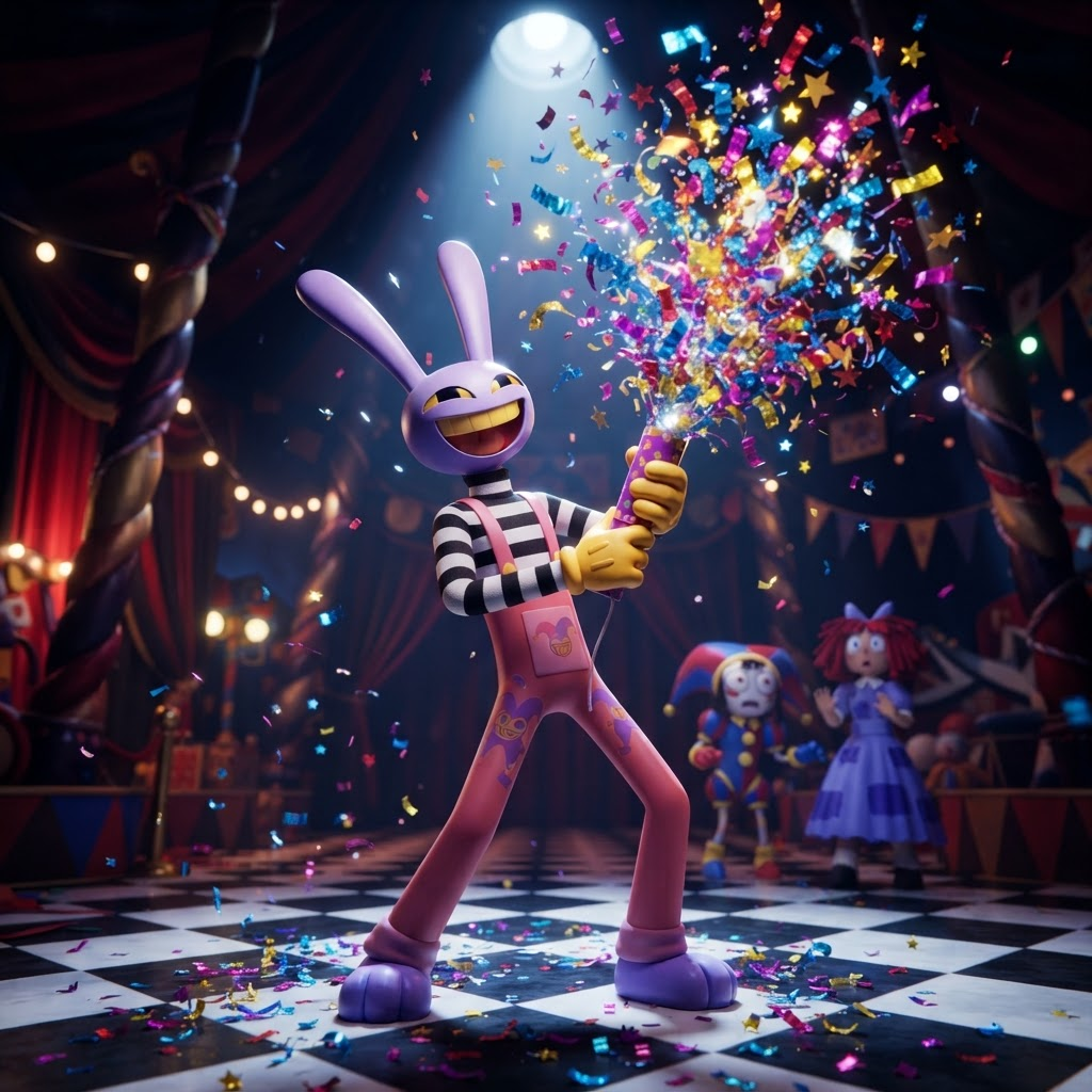 Jax mid-prank, confetti explosion