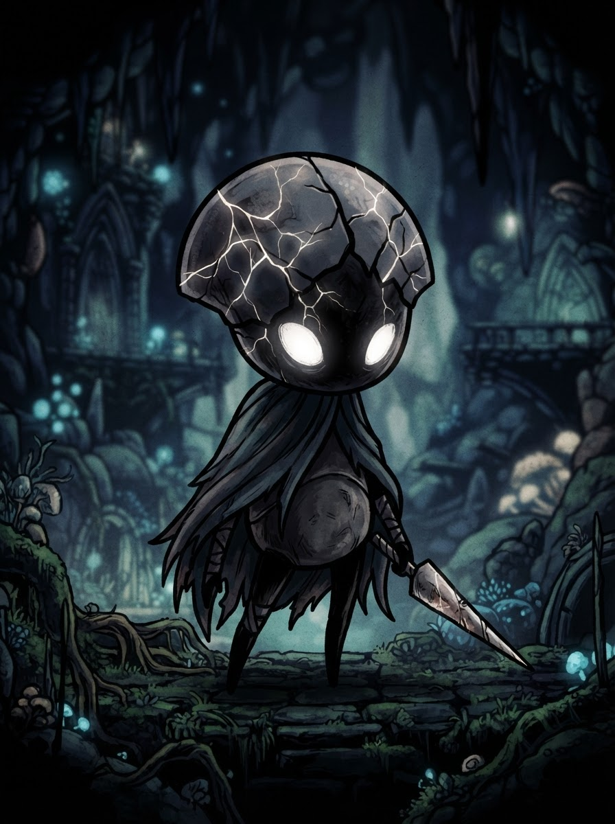 Fractured shell head, dark grey, with faint glow on cracks, in the style of Hollow Knight, hand-drawn gothic 2D art, muted blues and blacks with glowing white eyes, painterly hollow-shell bug character, full-body character portrait, centered, relaxed lively stance