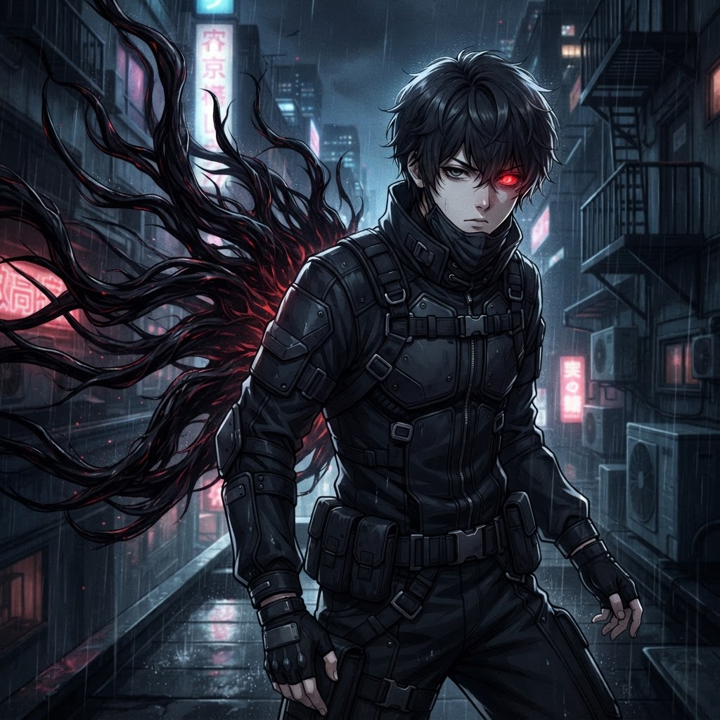 original Tokyo Ghoul style anime OC, young ghoul character with glowing red kakugan eye, black kagune tendrils, dark tactical outfit, moody rainy Tokyo alley