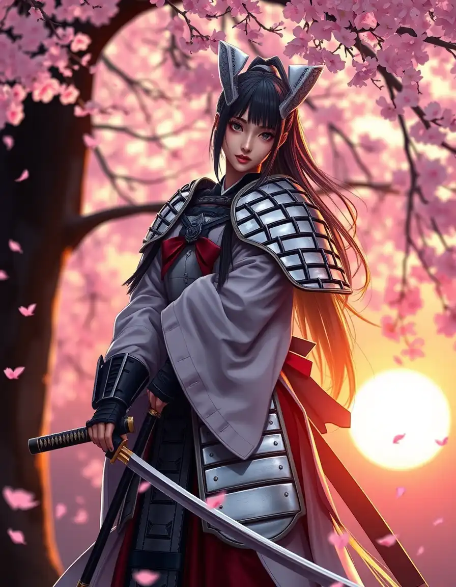 Aiko Hoshina (Japan — Samurai)
Elegant warrior in modern samurai armor, holding katana, standing under cherry blossoms at sunset, petals drifting