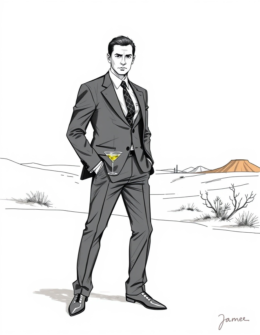 step 1 (internal thought process):
- subject: "james bond"
- defined as: human/humanoid
- setting: (inferred) "desert or a poker game"
- style: (kept from original prompt) "from the james bond quantum of solace wii game"
- filtered: no body descriptions to remove, removed poetic language about a wii game.
step 2 (final output):
"james bond in a hand-drawn sketch style, reminiscent of conceptual art. he wears a suit, tie, and holds a martini in one hand while looking confident. in the background, a minimalist desert landscape with sparse, loose lines and muted washes of color, emphasizing form over detail."