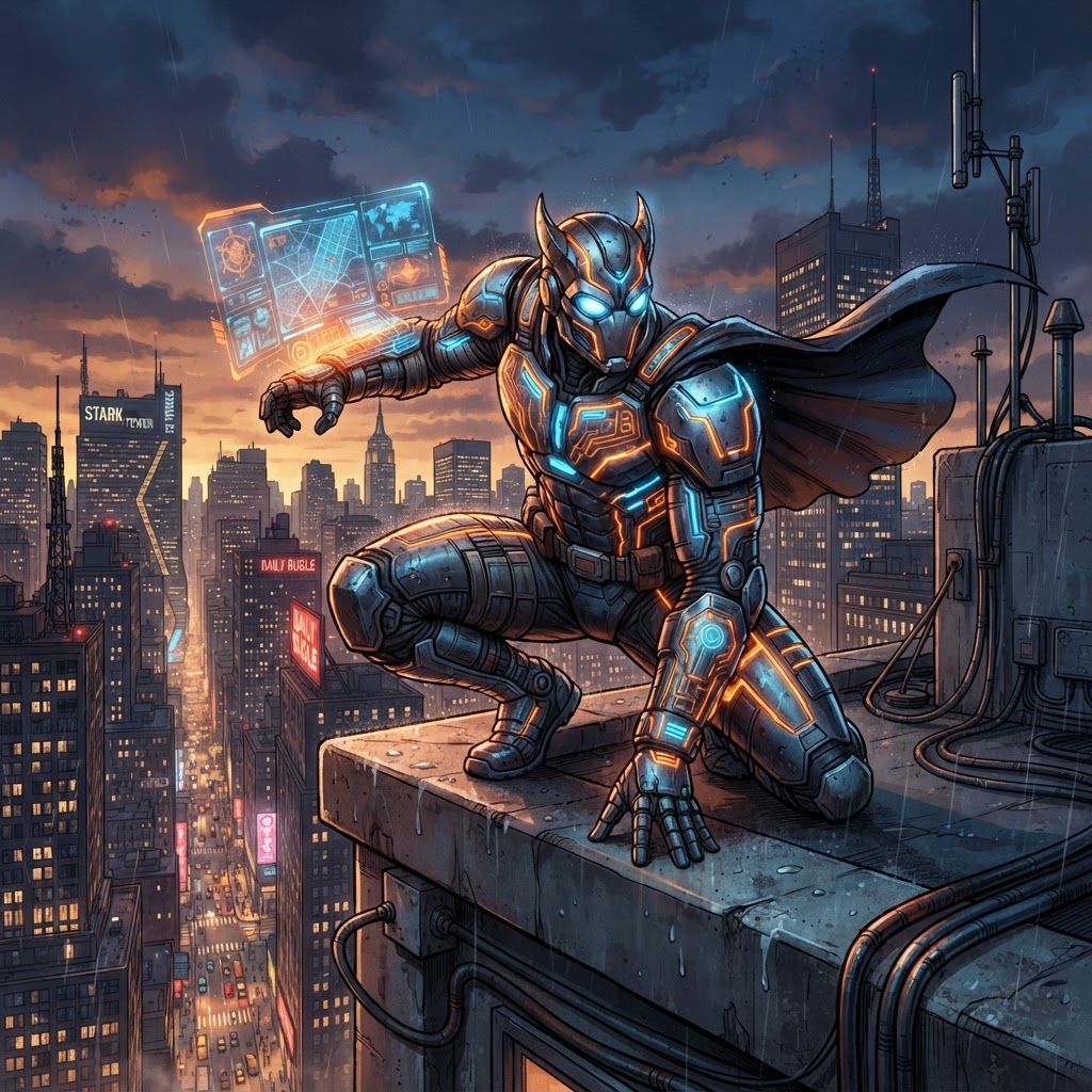 original armored tech superhero on a skyscraper rooftop at dusk, glowing circuit suit, Marvel comic book style