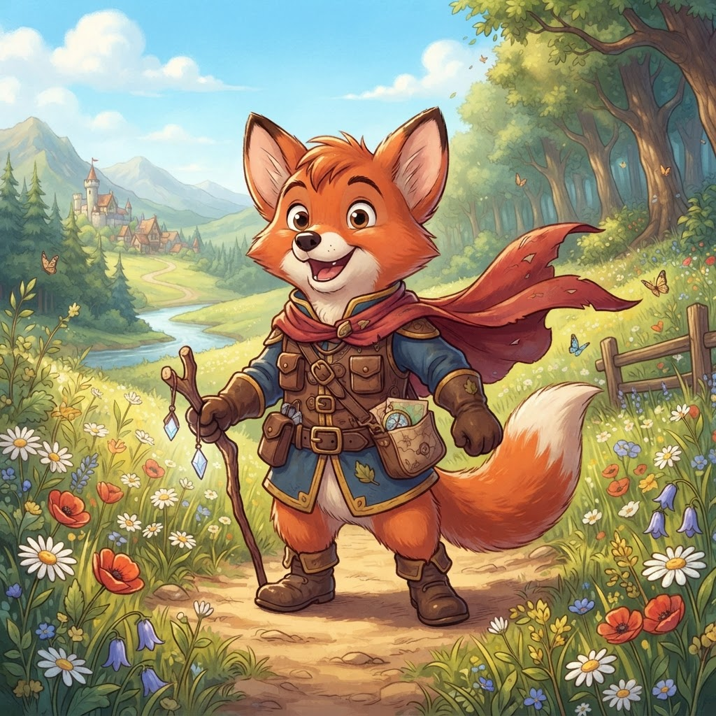 Disney-style original character, cheerful animal-sidekick fox in an adventurer outfit with a tiny cape