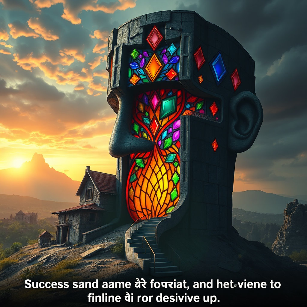 a lone, escher-like architectural face emerges from a foreboding, oppressive landscape, its features distorted by impossible geometry and shifting scale, with a spiral staircase carved into a vibrant, multicolored masterpiece, rendered as a massive, ornate stained-glass window, where vibrant jewels are embedded within Create a 5-minute cinematic motivational video in Hindi about a poor young man who rises from poverty to become a successful businessman. Start with scenes of a small village, a broken house, financial struggles, and hard daily labor. Show the young man facing difficulties, rejection, lack of money, and family responsibilities. Then show him learning new skills, working day and night, staying disciplined, saving money, starting a small business, facing failures, and trying again. Gradually show business growth, a team of employees, a modern office, financial success, and a luxurious lifestyle. Include emotional background music, cinematic transitions, realistic characters, inspirational atmosphere, sunrise and success symbolism. End with the message: "Success comes from hard work, discipline, and never giving up." Ultra realistic, 4K quality, cinematic lighting, emotional storytelling, motivational tone, Hindi text captions throughout the video.
