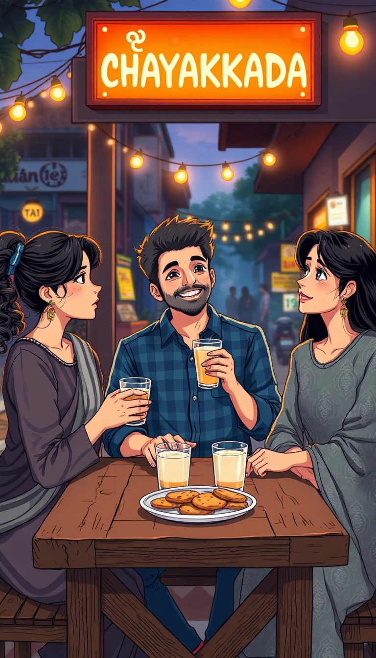 : An anime-style illustration of three young South Indian friends—two women and one man—happily chatting and drinking milk tea at a rustic wooden table outside a traditional Kerala tea stall (Chayakkada) at dusk. The characters have expressive anime eyes, clean line art, and detailed shading. In the center, a handsome man with a neat beard and a blue checkered shirt is laughing. The woman on the left has curly dark hair tied back and is wearing a striped kurti, while the woman on the right has long dark hair and a patterned grey kurti, both holding glass tumblers of hot chai. On the wooden table sits a plate of local snacks like vada and biscuits. The background features a warm, glowing tea shop sign that reads "ചായക്കട CHAYAKKADA", soft string lights from nearby street shops, a bustling street scene, and a cozy, nostalgic atmosphere with vibrant cinematic lighting.