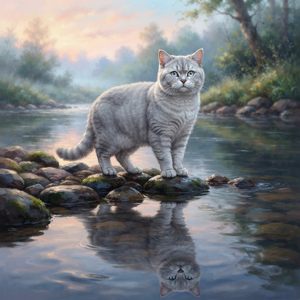 realistic silver grey cat with pale blue eyes, standing on smooth stones at a river edge at dawn, reflection in the water, calm pose, soft painterly book illustration, full body
