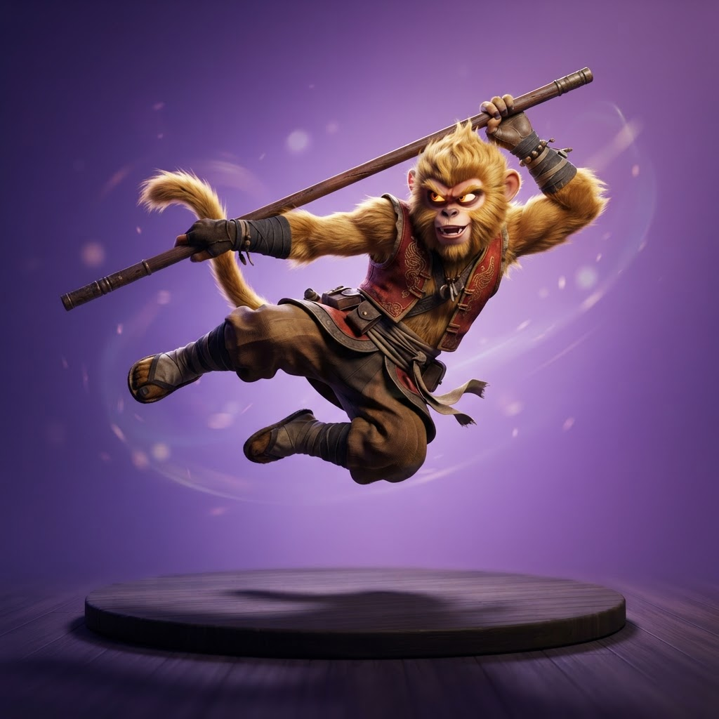 original anthropomorphic monkey kung fu warrior character, golden brown fur, red vest and brown pants, acrobatic pose holding a wooden staff, full body, stylized 3D animated movie render, vibrant purple gradient studio background, crisp high detail, no text, no words, no watermark