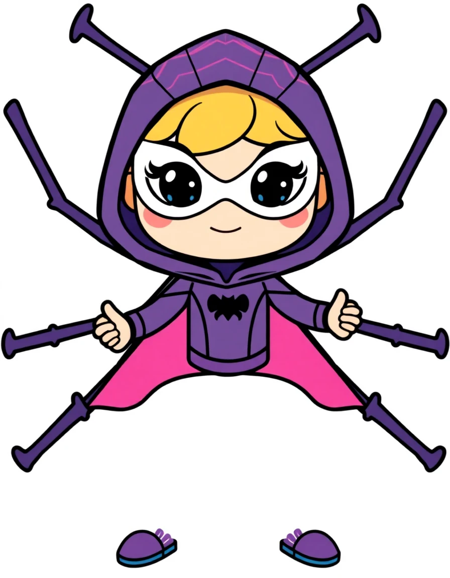cute cartoon superhero girl in a spider-themed hooded suit, full body front view, simple clean vector illustration, white background, bold black outlines, bright pink and cyan web-pattern accents, purple bodysuit, large white mask eyes, playful dynamic pose with arms outstretched, centered composition, flat colors, minimal children’s character art