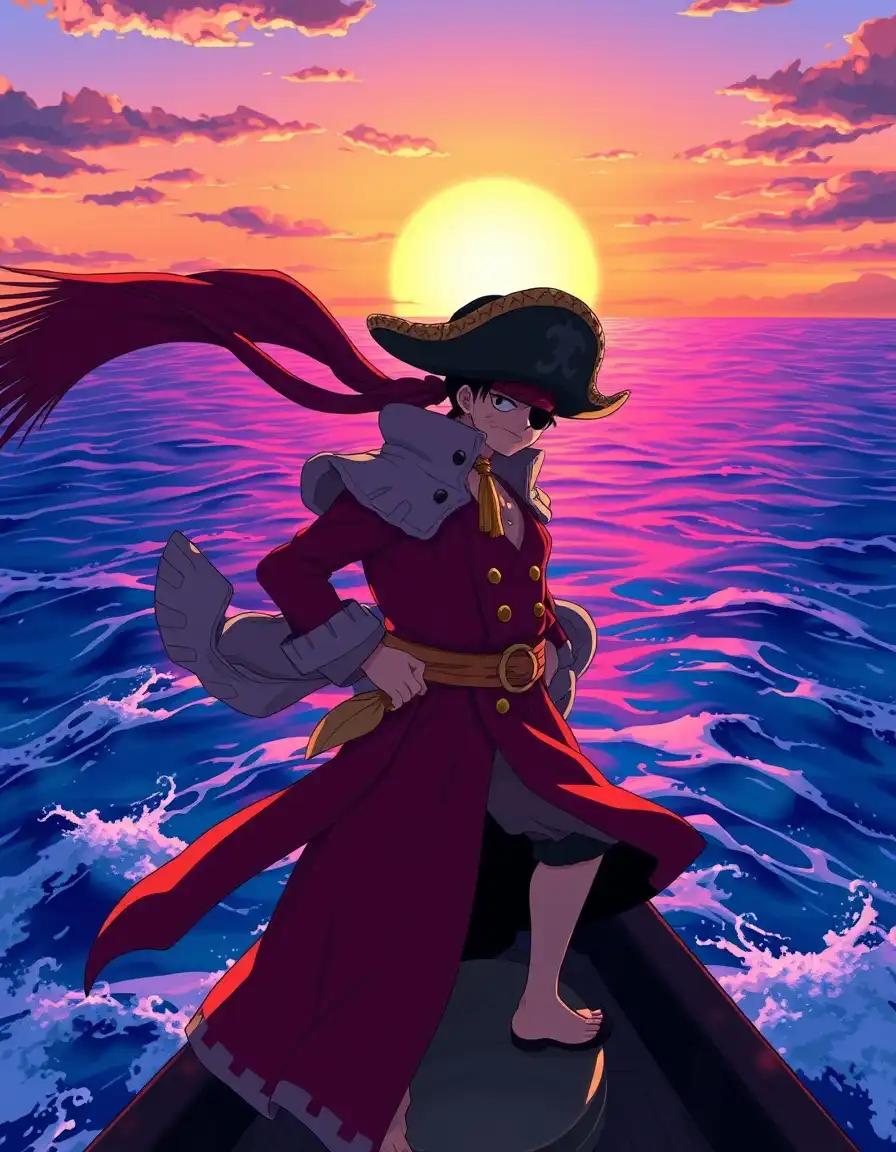 βAnime pirate captain with straw hat standing on a ship mast, wind blowing cape, dramatic sunset over the ocean, vibrant colors, cinematic anime style inspired by One Piece.β