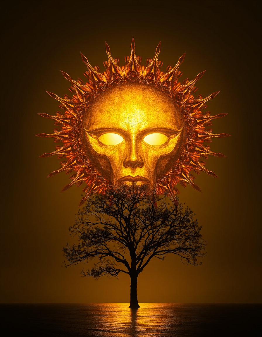 The sun descends as a molten golden mask, its liquid features flowing in slow, viscous drips. COMPOSITION: centered circular form dominating frame; horizon extremely low, emphasizing celestial scale. LIGHTING: intense metallic bloom, high dynamic range reflections on rippling gold. STYLE: symbolist surrealism fused with molten-metal VFX—fluid simulations, mirror distortions, soft atmospheric diffusion. A single tree silhouette stands below, branches bending in radiant heat waves. MOOD: divine, uncanny, hypnotic.