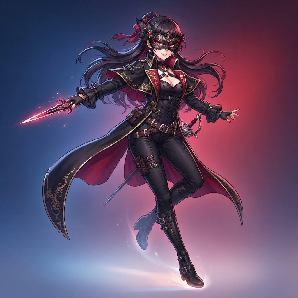 anime girl phantom thief wearing a black and red masquerade mask, long stylish coat, gloves, confident dynamic pose, clean soft gradient studio background, vibrant, crisp high detail, digital illustration, no text, no words