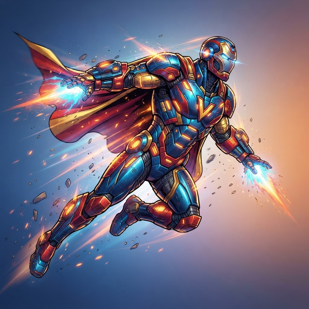 male Marvel-style superhero original character, tech-powered exosuit, mid-flight action shot