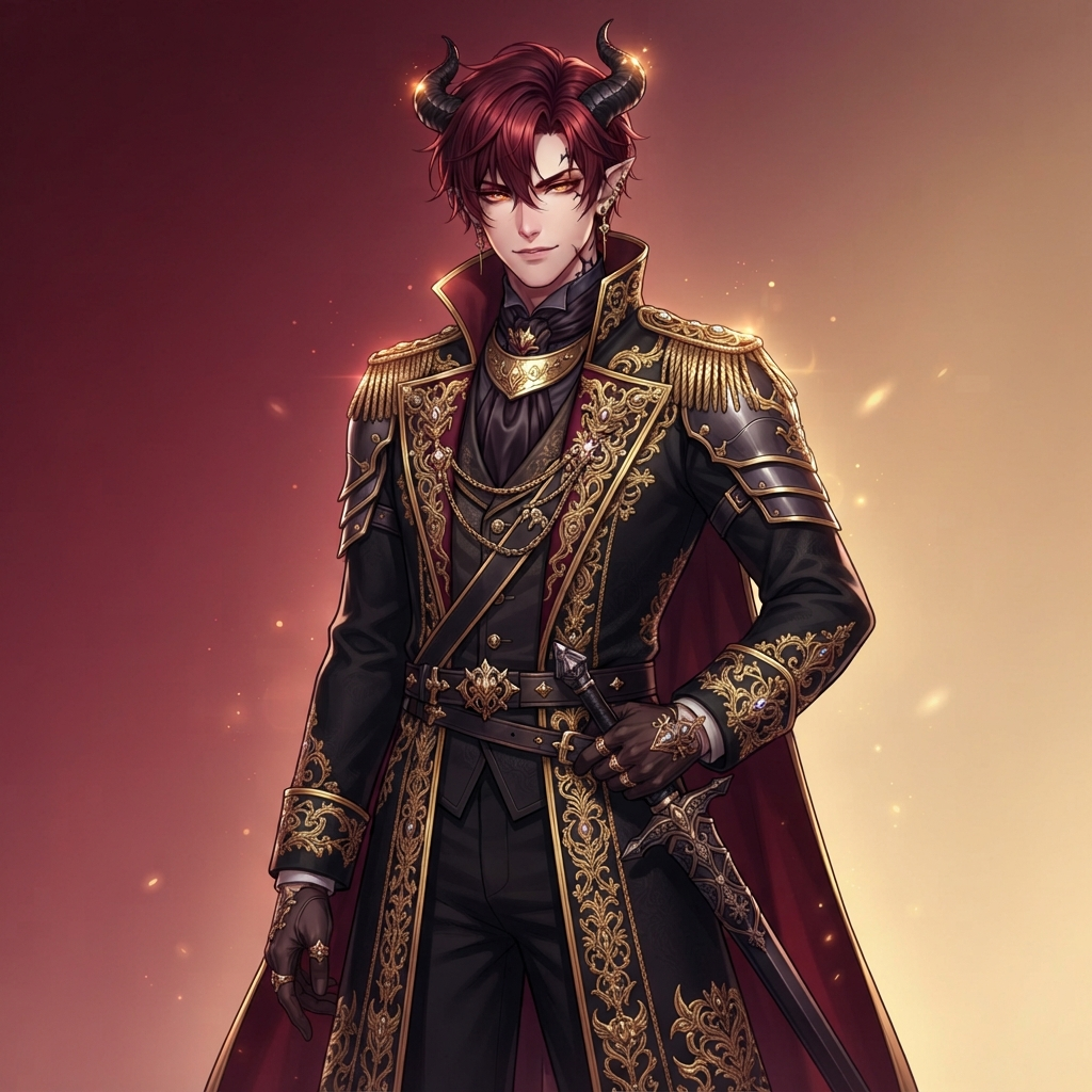 original demon prince original character, otome game anime style, tall handsome young man with dark red hair, small black horns, glowing amber eyes, elegant black and gold coat, clean soft gradient studio background, vibrant, crisp high detail, digital illustration, no text, no words