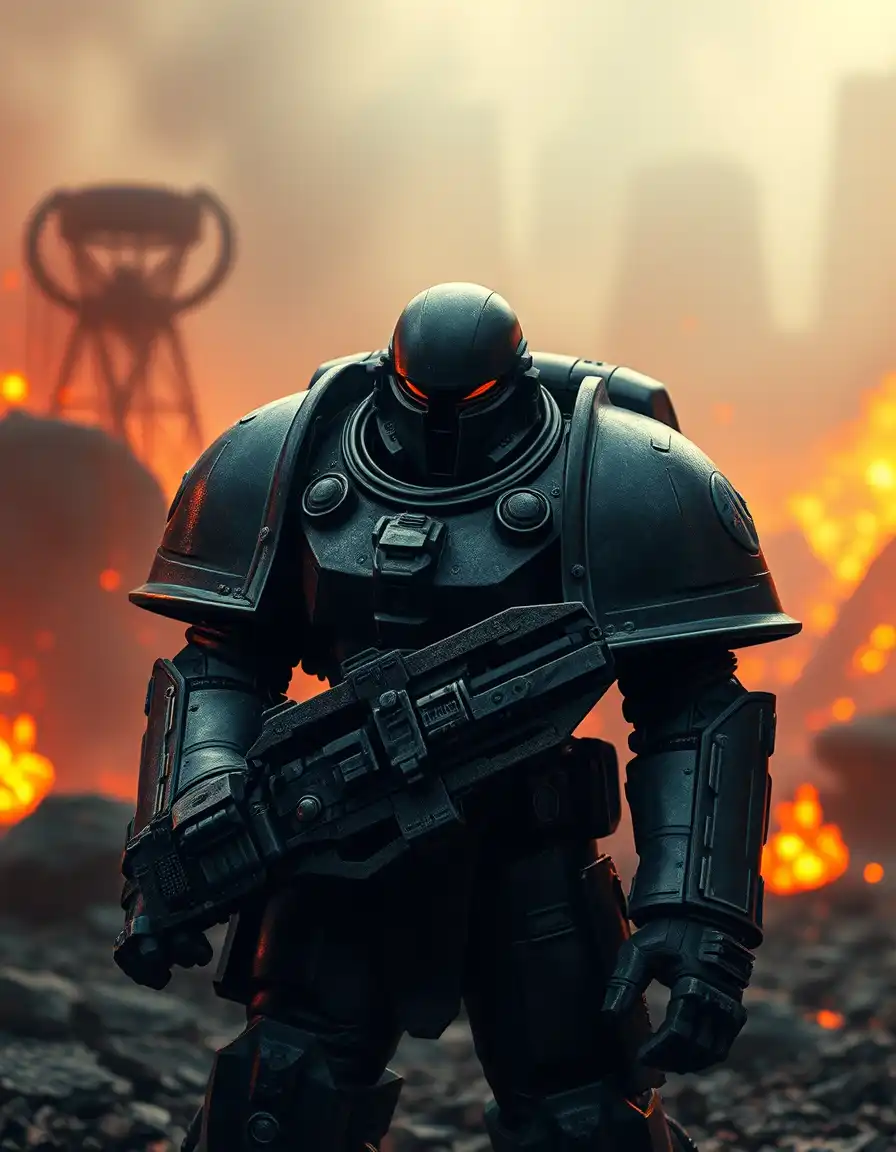 subject: warhammer 40k
defined as: humanoid/human
setting: infernal landscapes
style: warhammer 40k
filtered: preserving the grim, dark aesthetic, removing "gloomy atmosphere" description as it may conflict with the applied style.
a warhammer 40k space marine stands amidst a desolate, hellish battlefield. the space marine's power armor glistens with a smooth, high-polished texture resembling brushed aluminum. the armor's matte-black surface features soft, elongated highlights reflecting the dim, fiery light of burning infernal landscape, creating a sleek, continuous visual flow.