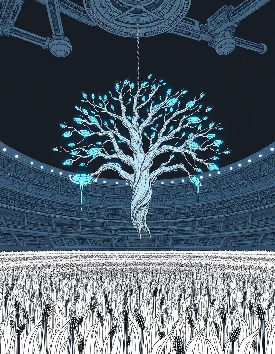 hanging tree, a tree with glowing blue branches, suspended high above a futuristic field of grain with pods that resemble small spacecraft, under a darkened, industrial, hunger games-inspired arena night sky, in a simplistic yet detailed line drawing.