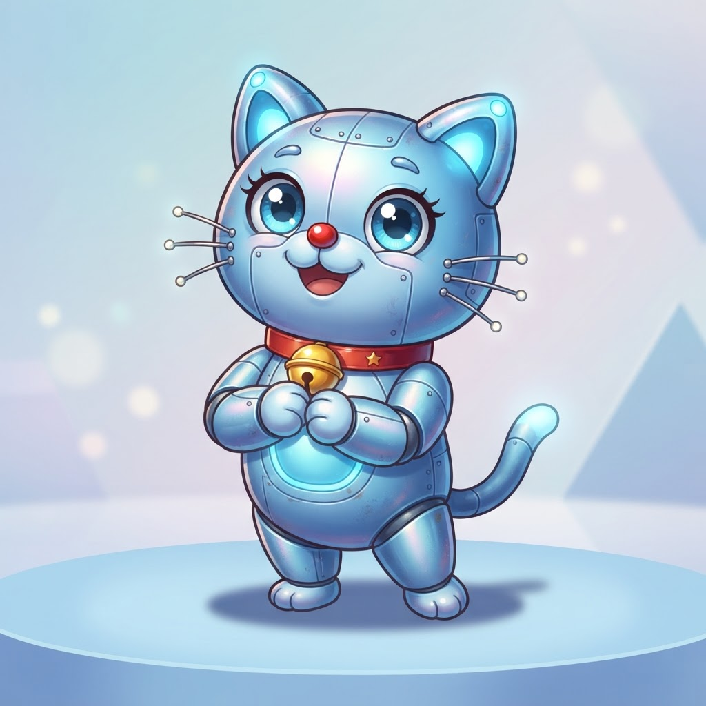 Cute original robot cat character, round blue metallic body, big round eyes, small red nose, gold bell necklace, whiskers, standing cheerful pose, cartoon anime illustration style