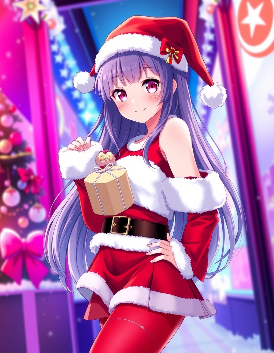ai hoshino from oshi no ko wears a stylish santa outfit with a red velvet mini-skirt, a matching cropped santa top, long red stockings with white fur cuffs, and small star-shaped accessories. her iconic long purple-blue hair flows with soft shine and star-shaped highlights in her bangs, and she wears a festive red santa hat with a cute ribbon and her bunny mascot ornament. her eyes are bright and sparkling with pink star irises, giving a charming, warm holiday smile. she poses playfully, holding a small wrapped gift while resting one hand on her hip. the scene is set in a vibrant winter holiday environment with a strong, saturated color gel wash lighting effect, blending unnatural hues of red, blue, purple, and green.