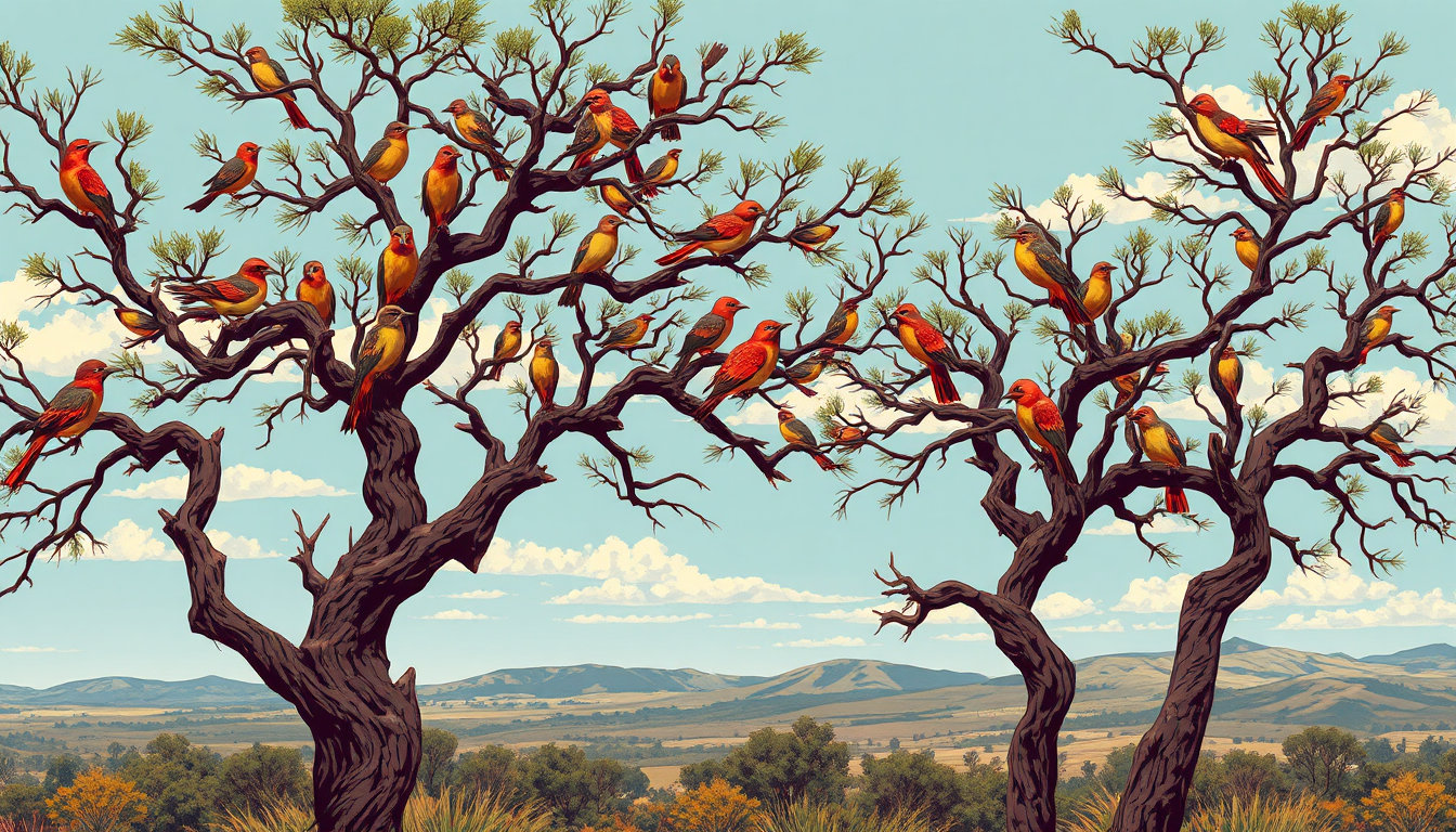 in the foreground, a delicate, hand-drawn composition reminiscent of 80s graphic novels and vintage j.c. leyendecker illustrations unfolds, featuring bold, high contrast colors and crisp, hard-cel shading lines in a vibrant, energetic palette. here, the trees stand tall, their branches twisted and gnarled, but instead of leaves, they are adorned with an assortment of birds, each one uniquely detailed in a hyper-realistic style, akin to a vibrant digital oil painting. these avian appendages are so intricately rendered that every feather, beak, and wing is perfectly visible, as if caught in a moment of stillness, suspended in time by the fine brushwork of a master painter. in the background, a serene, matte-painted landscape stretches out, its natural textures and layered glazes capturing the subtle nuances of light and atmosphere, imbuing the scene with a sense of depth and dimensionality characteristic of concept-art quality refinement. the overall effect is one of captivating beauty, where the contrast between the fantastical, organic trees and the realistic, oil-painted birds creates a visually striking, painterly finish that is both whimsical and grounded in fine art tradition.