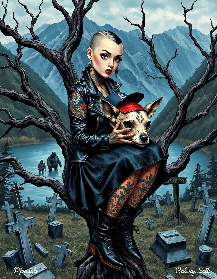a pin‑up woman with a shaved head and dalmatian‑spot streak, full‑body tattoos, in a leather jacket, black skirt, and boots, is seated in twisted tree branches amidst a stormy mountain range. she holds a chihuahua skull with a hip‑hop cap. the scene is set in a graveyard with broken crosses and tombstones, overlooking a rain‑licked lake reflecting a lone gorilla. her gaze pierces with dark blue tones. rendered in an art brut raw vision style—thick crayon, house paint, raw discordant colors, compulsive repetition of faces, patterns, and symbolic figures, horror vacui, emotionally driven proportions, psychologically raw, overwhelming composition.