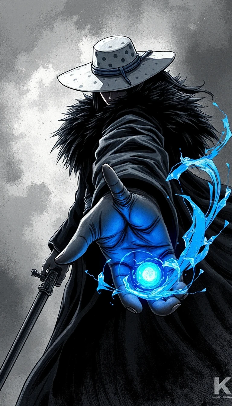 masterpiece anime manga illustration, dark seinen aesthetic, lone swordsman wearing a white spotted hat and massive dark fur coat, dramatic low-angle perspective, hand reaching toward the camera, glowing blue energy sphere floating in palm, swirling energy trails, intense shadows, black ink crosshatching, watercolor manga texture, cinematic lighting, dynamic pose, flowing coat, stormy dark background, ultra detailed line art, blue neon glow, gritty ink strokes, high contrast, emotional atmosphere, sharp anatomy, detailed fingers, anime key visual, 4k, vertical composition, black and electric blue palette
negative prompt: blurry, low quality, bad anatomy, extra fingers, deformed hands, watermark, text, logo, oversaturated colors, duplicate limbs, cropped face