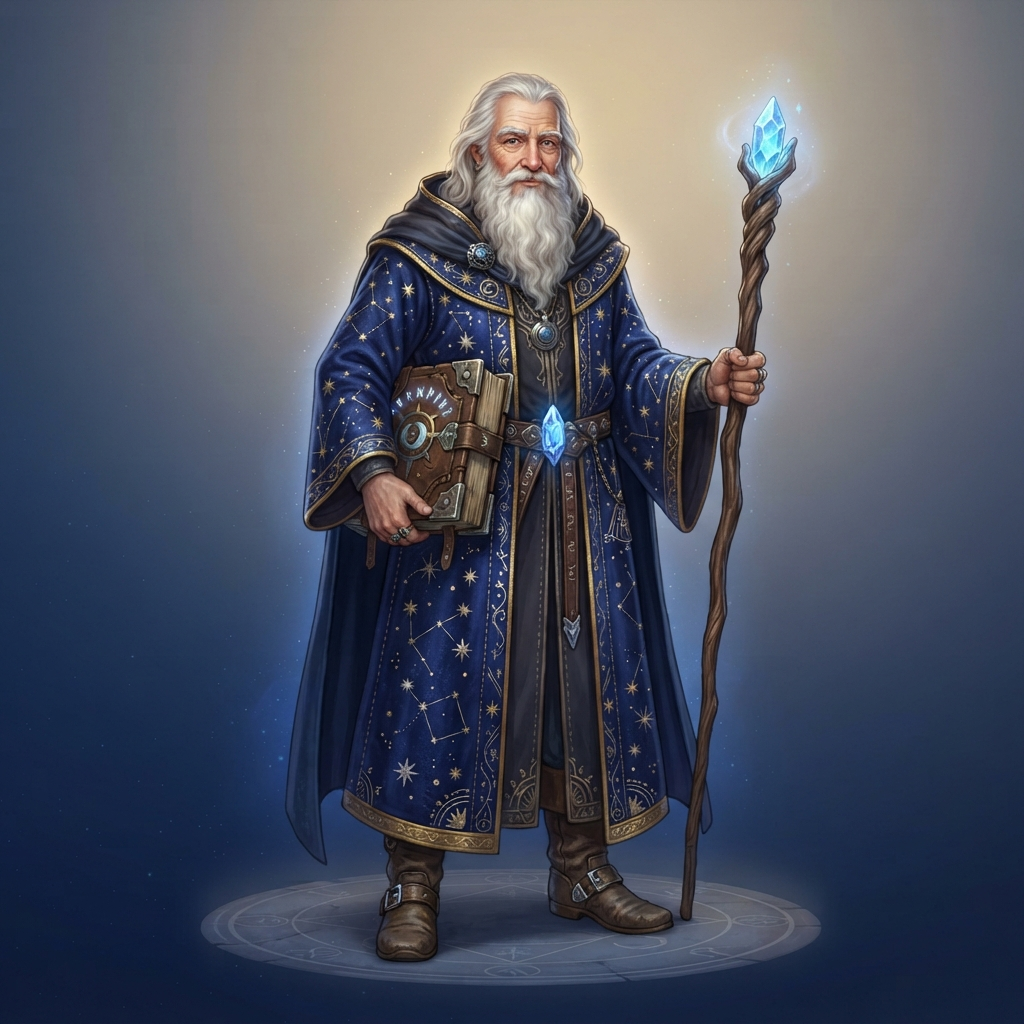 original character design of an old male wizard, long white beard, midnight blue robe covered in stars, heavy spellbook under one arm, full body standing pose, clean soft gradient studio background, vibrant, crisp high detail, digital illustration, no text, no words, no watermark