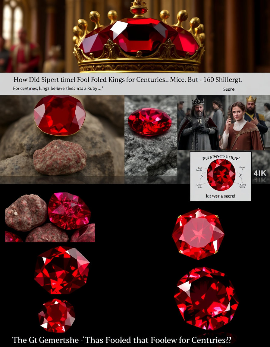 Create a cinematic educational documentary video about the gemstone Spinel titled "How Did Spinel Fool Kings for Centuries?"

Scene 1:
A magnificent red gemstone resting in a golden royal crown. Dramatic lighting, medieval palace background, kings and queens admiring the gemstone. Text overlay: "For centuries, kings believed this was a Ruby..."

Scene 2:
Ancient gemstone traders and miners in Burma (Myanmar) discovering red gemstones in marble deposits. Close-up shots of rough red spinel and ruby crystals found together.

Scene 3:
Comparison of a red ruby and a red spinel side by side. Both gemstones sparkle brilliantly and appear almost identical. Slow camera movement, macro gemstone photography.

Scene 4:
Royal treasury filled with crowns, jewels, and royal ornaments. Historic kings wearing famous gemstones. Cinematic medieval atmosphere.

Scene 5:
The famous Black Prince's Ruby mounted in a royal crown. Dramatic zoom-in. Text overlay: "But there was a secret..."

Scene 6:
Modern gemology laboratory. Scientists examining the gemstone using microscopes and advanced gemological instruments. Professional laboratory environment.

Scene 7:
Scientific reveal. Split-screen comparison:
Ruby (Corundum - Al₂O₃)
Spinel (MgAl₂O₄)
Animated crystal structures and gemstone diagrams.

Scene 8:
Shocking revelation. The gemstone previously believed to be a ruby is identified as Spinel. Dramatic visual effect and text: "It Was Never a Ruby!"

Scene 9:
Beautiful close-up footage of high-quality red spinel gemstones rotating under studio lights. Luxury gemstone photography.

Scene 10:
Ending scene with a glowing red spinel against a dark background. Text overlay:
"The Gemstone That Fooled Kings for Centuries"

Style:
Ultra-realistic, cinematic documentary, National Geographic style, 4K quality, gemstone macro photography, historical reenactment scenes, dramatic lighting, smooth transitions, professional educational video, realistic gemstones, museum-quality visuals.