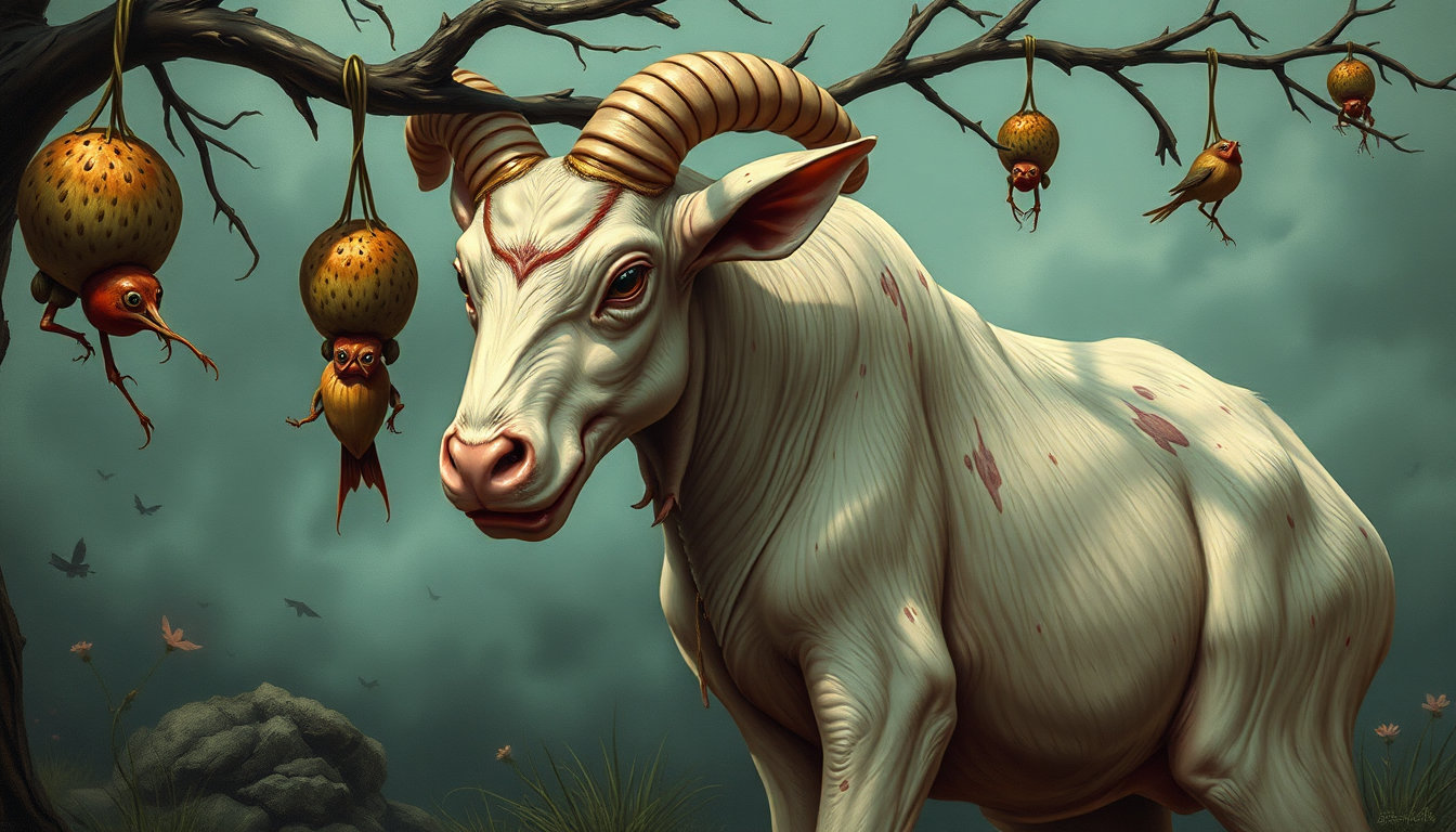a vibrant, vintage-lined painting in the style of j.c. leyendecker, featuring hard-cel shading and high-contrast 80s graphic novel colors, combined with the lush, hyper-realistic detail of a digital oil painting. this is further refined with a painterly medium, showcasing a handcraft finish with emphasis on fine brushwork, layered glazes, and natural texture, akin to matte painting for backgrounds and concept art for characters. the subject is a grotesque farm animal creature, rendered in a serene, contemplative mood with enhanced smooth, detailed brushwork. soft, diffused light casts gentle shadows that emphasize its twisted, elongated body and subtle, pulsating tumors. muted earth tones, subtle greens, and soft pastels color the diseased surfaces in a dreamlike harmony, while a delicate otherworldly mist swirls through a dark, gothic-inspired background. the camera is set at a precise 42mm focal length, capturing a medium shot that feels both hyper-realistic and highly stylized, balancing precise oil-style strokes with exquisite elements of fantasy illustration and subtle texture. the image also features creepy bird creatures hanging upside down from a tree branch in weird, spindly pods.