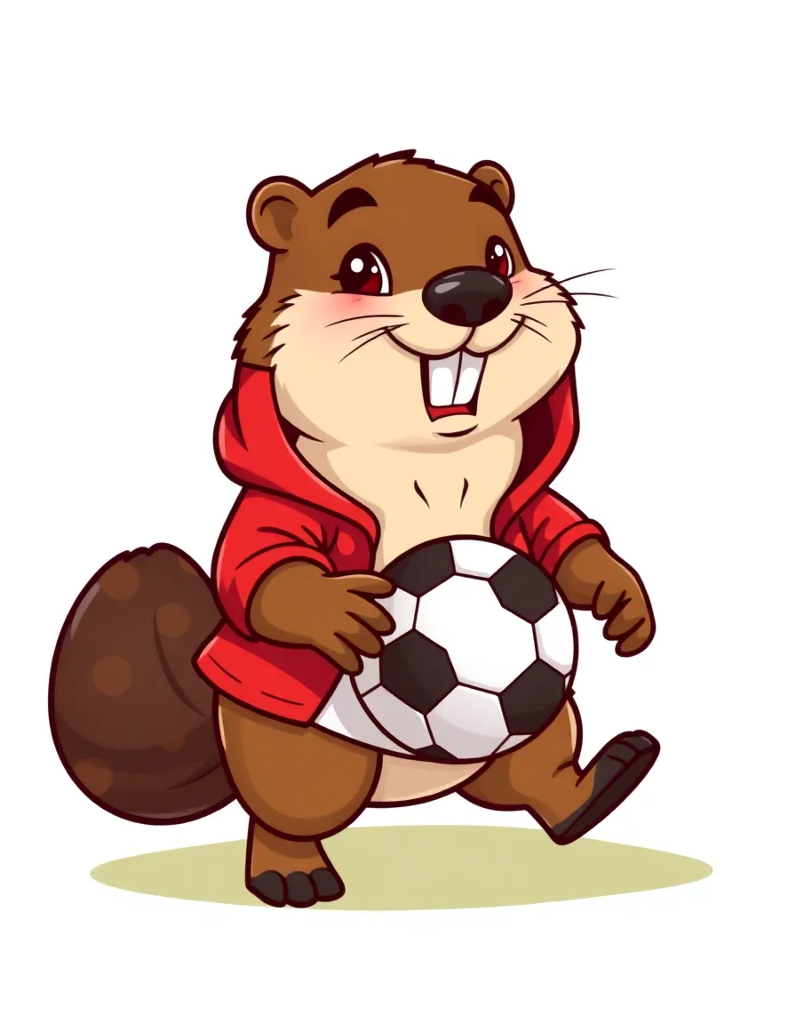 Cute cartoon beaver playing soccer, wearing red hoodie, holding ball, World Cup 2026 mascot design, soft shading, vector illustration, white backgroundβ
