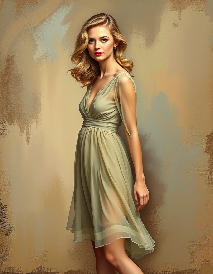 vintage oil painting style, a graceful thirty‑year‑old woman with delicate facial features, blonde hair cascading in soft waves, wearing an elegant semi‑transparent flowing dress that hints at her form, paired with refined high‑heeled shoes, captured with rich, textured brushstrokes and warm, muted color palette reminiscent of classic oil masterpieces.