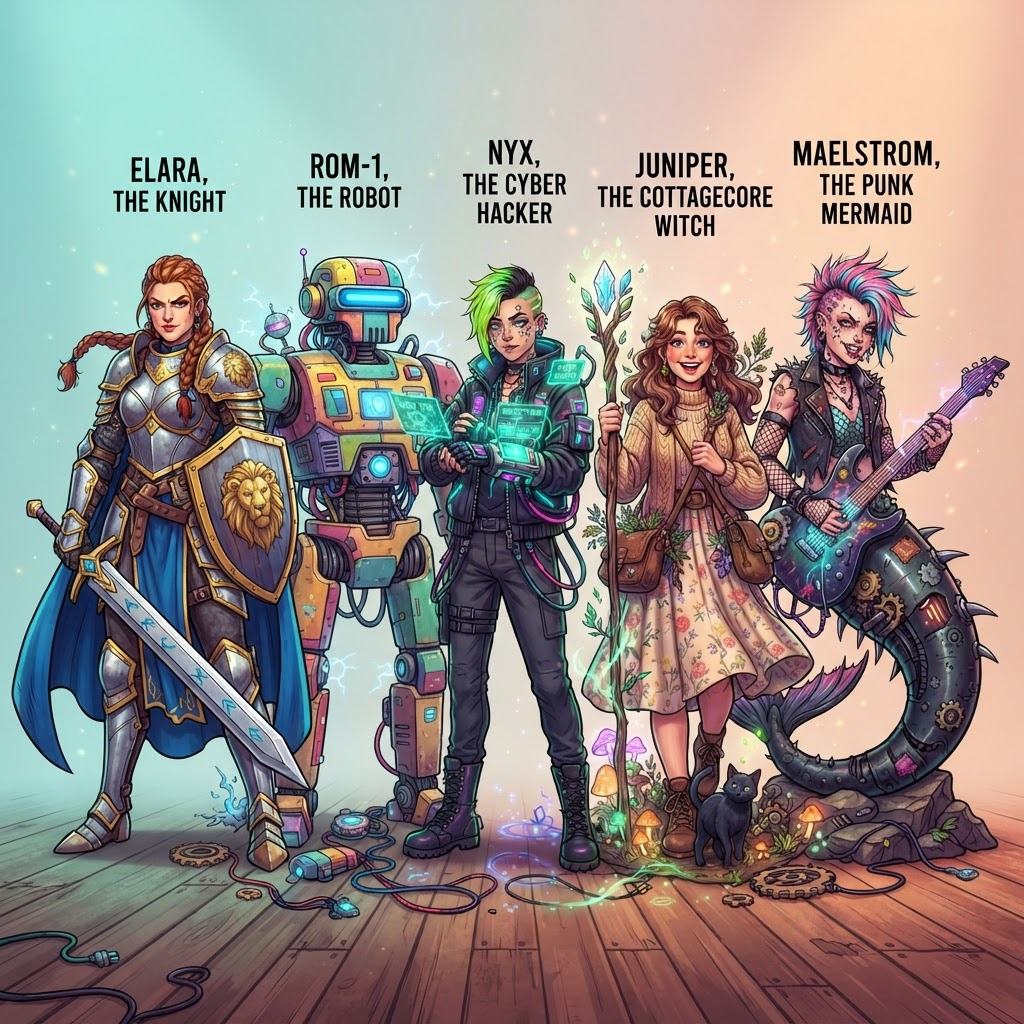 five wildly different original characters lined up together, a knight a cyber hacker a cottagecore witch a robot and a punk mermaid, colorful chaotic energy, clean soft gradient studio background, vibrant, crisp high detail, digital illustration