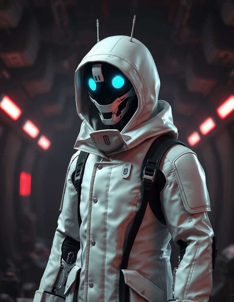 A Worker Drone character from Murder Drones series, malevolent rogue synth, smooth white metallic robotic body, wearing a long white tactical winter coat with black trim and a hood pulled over the head. Large glowing neon cyan digital eyes on a black visor face, tiny antennas on the head. Sci-fi apocalyptic setting, dark bunker background with red ambient emergency lighting. 3D CGI animation style, high-quality render, octane render, metallic textures, cinematic lighting, Glitch Productions style.