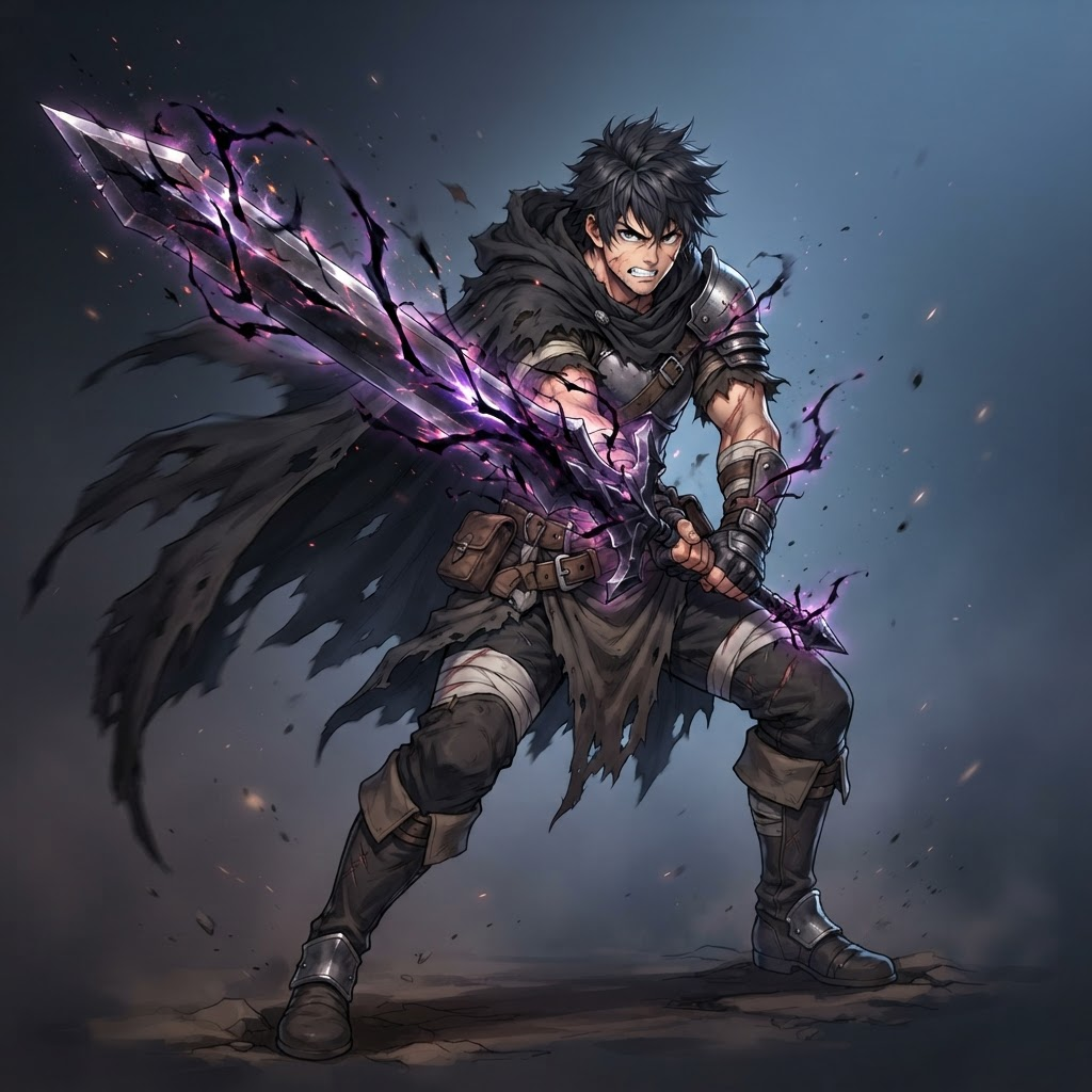 Original anime swordsman character wielding a massive dark anti-magic greatsword, black energy crackling along the blade, fierce expression, tattered black cloak, shonen fantasy anime style, clean soft gradient studio background, vibrant, crisp high detail, digital illustration