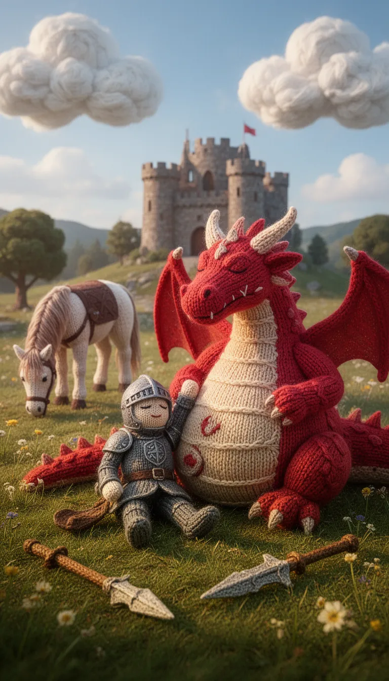 A charming handcrafted knitted fantasy world. In the foreground, a brave hand-knitted wool knight lies completely exhausted, reclining comfortably against the soft belly of a gigantic knitted red dragon. The dragon is also utterly exhausted, eyes closed, peacefully passed out after an epic battle. Their weapons are no longer in use—a knitted spear lies abandoned on the grassy ground nearby. In the midground, the knight's loyal knitted horse quietly grazes, completely unconcerned. A cozy stone castle sits in the distant background beneath fluffy knitted clouds in a bright blue sky. Everything is made from knitted wool with visible stockinette stitches, chunky yarn textures, cable-knit details, and handcrafted imperfections. Warm golden afternoon light, whimsical storybook atmosphere, heartwarming, peaceful, humorous, photorealistic macro photography of fiber art, shallow depth of field, highly detailed yet simple composition.** **Negative prompt:** crochet, amigurumi, plastic, metal, realistic skin, realistic scales, modern objects, text, watermark, logo, extra limbs, duplicate characters, blurry, low quality, cluttered composition, dark horror, aggressive expressions