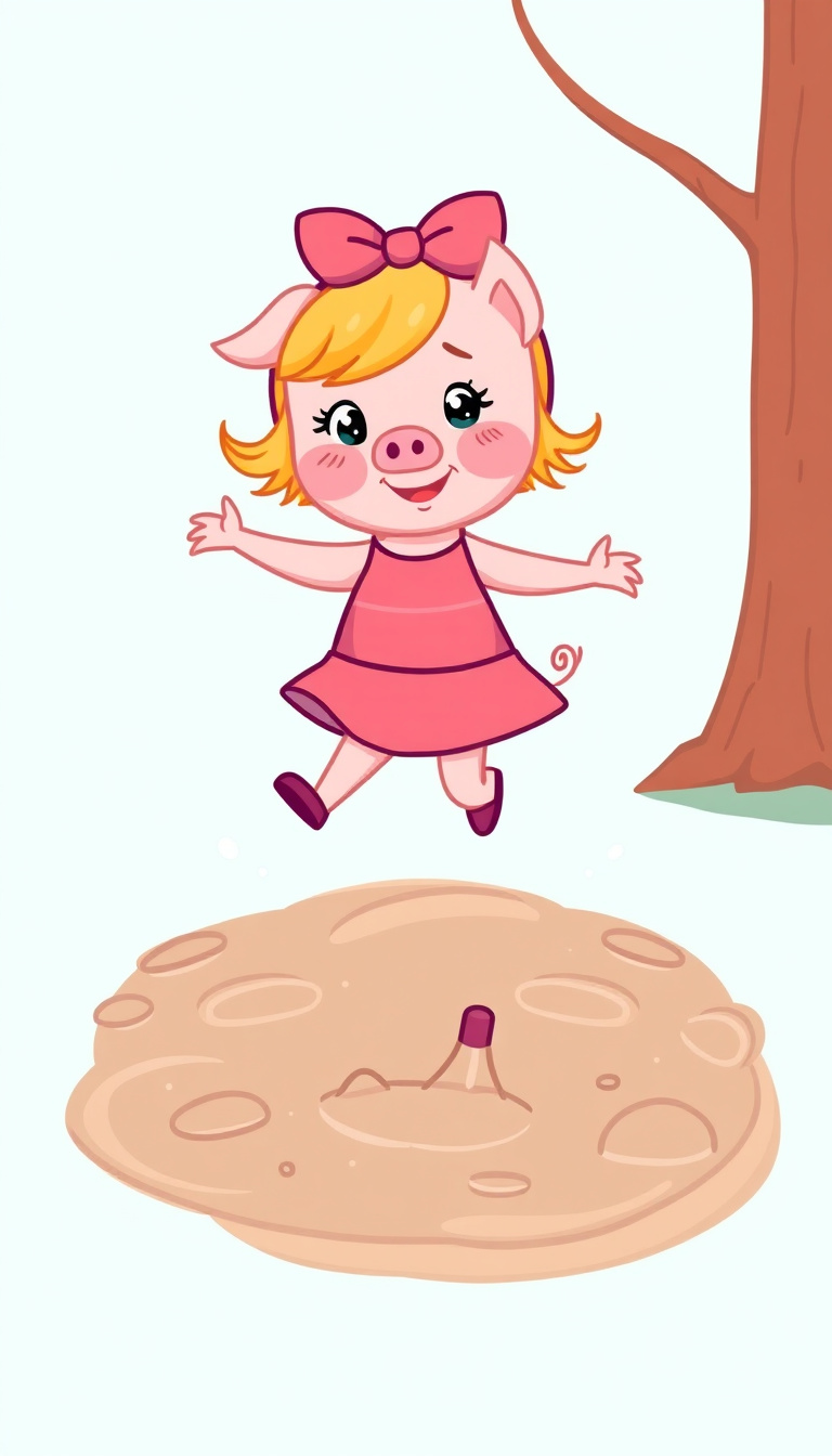 Little pig girl jumping in puddle, cartoon, colorful, toddler friendly, Peppa-style inspired, simple background