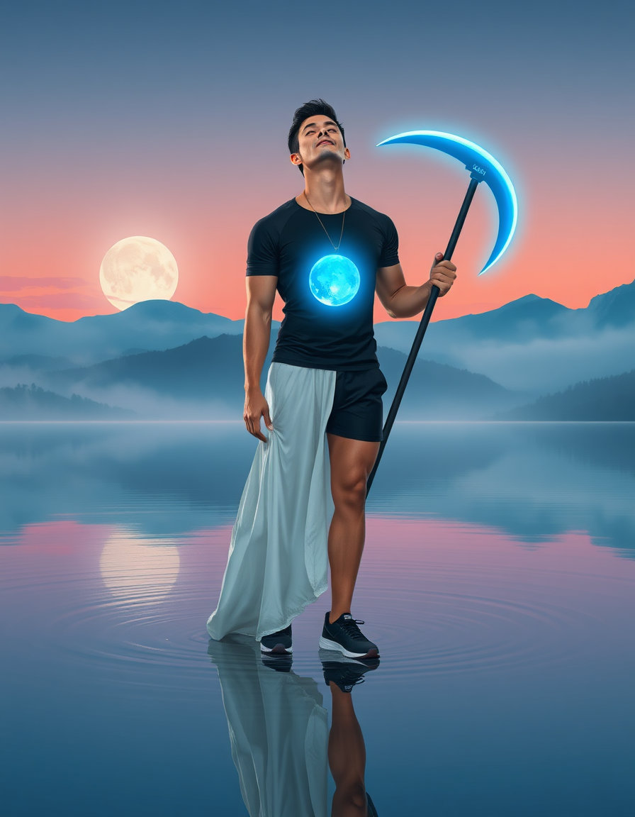 a misty, moonlit mountain lake at twilight, the sun just below the horizon, sky fading from soft blue to orange, pink and purple hues that ripple on the calm water’s surface; the lake edge cradles a lone young woman in a flowing white gown, her feet gently submerged, long dark hair drifting around her heart‑shaped face, eyes closed, head tilted upward, radiating peace, serenity and a deep connection with nature. the scene is rendered in ultra‑realistic, hyper‑photorealistic 4k detail, with intricate textures, realistic lighting, and a dreamlike, mystical atmosphere that invites awe. 

in the same frame, a stylized male figure stands centrally in a minimalist, abstract void background of gradient color, rendered in crisp digital vector art with hard‑edged outlines, flat color blocking and low‑poly geometry; his exaggerated muscular form and elongated limbs are highlighted by sharp cyan backlighting and a glowing orb he manipulates with both hands. he wears a black athletic t‑shirt with stylized text, black shorts, sleek sneakers, and a futuristic scythe, while short hair, subtle facial stubble and glowing eyes give him an intense, focused presence. the internal glow of the orb provides a bright cyan rim light against his warm skin tones, casting defined shadows and a crisp glow bloom. the composition is a full‑body, slightly elevated three‑quarter view, centered and balanced by the rule of thirds, with high contrast, stark light‑dark separation, and abundant negative space, creating a clean, high‑contrast cyber‑punk aesthetic alongside the tranquil lake tableau.