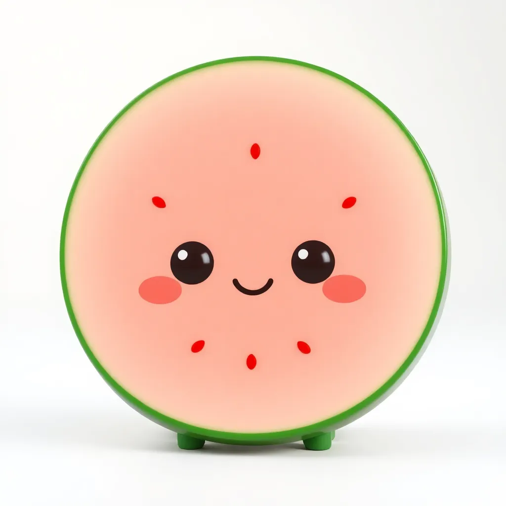 “Cute 3D watermelon slice character, chibi style, smiling face, glossy material, soft lighting, pastel colors, high detail, toy-like render, isolated background”